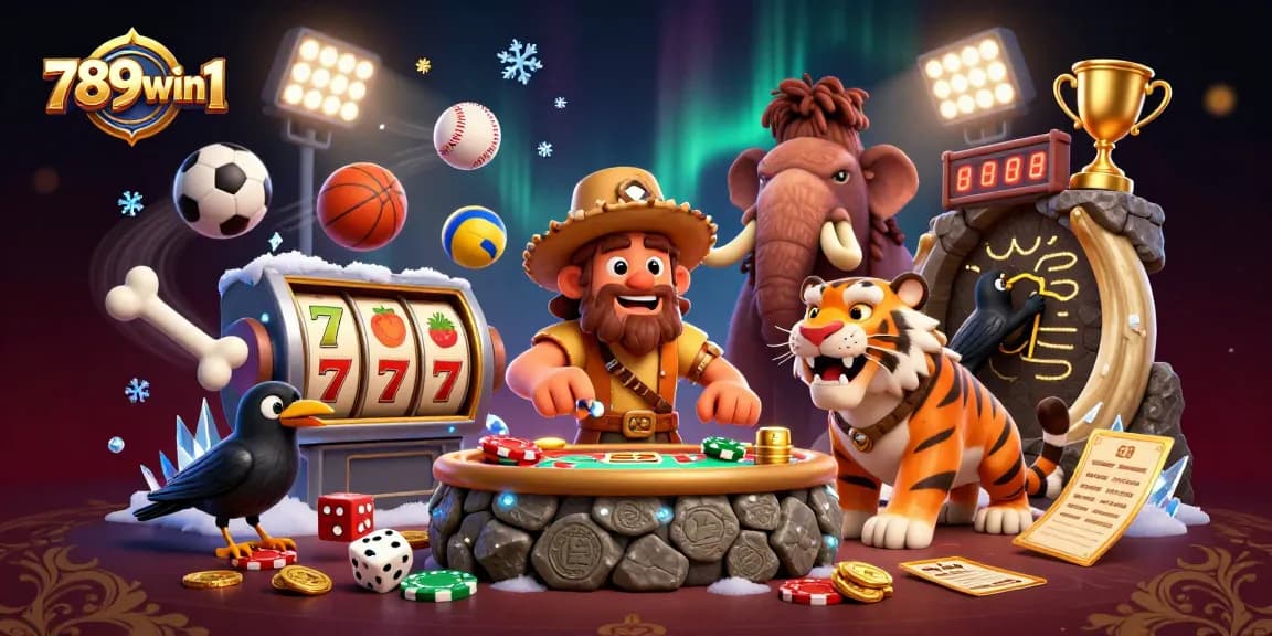 Experience thrilling gameplay with 789win1 at a dynamic prehistoric casino featuring a caveman and a sabertooth tiger.