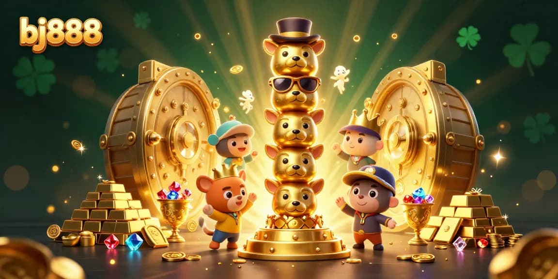Engage with bj888's vibrant casino scene featuring a golden totem pole amidst treasure elements.