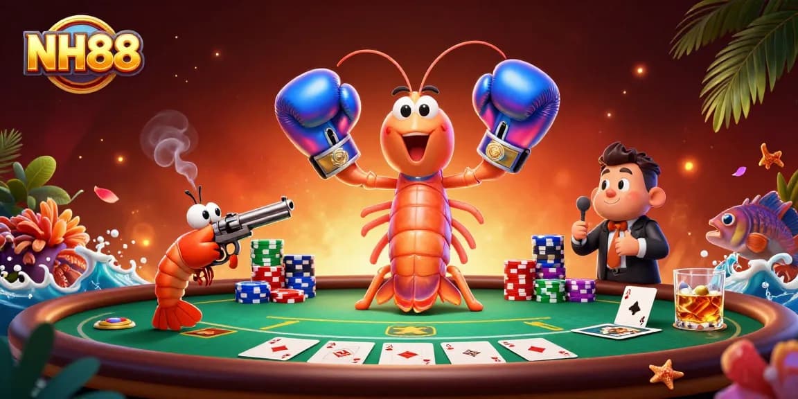 Experience thrilling gameplay at NH88 with vibrant casino scenes featuring cartoon shrimp champions.