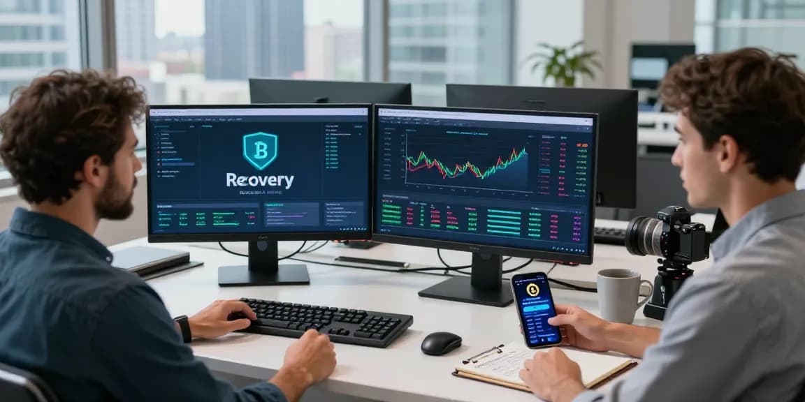Crypto recovery workspace with blockchain analysis and expert consulting, showcasing innovative technology and security.