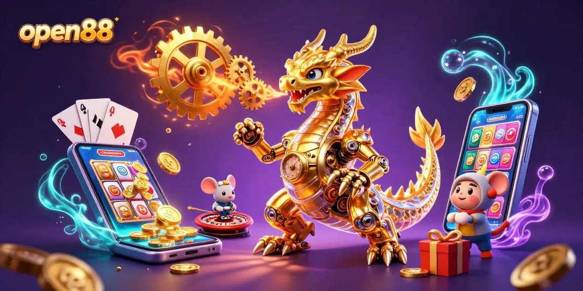 Experience dynamic gaming at open88 with a biomechanical dragon, slot game, and vibrant casino elements.