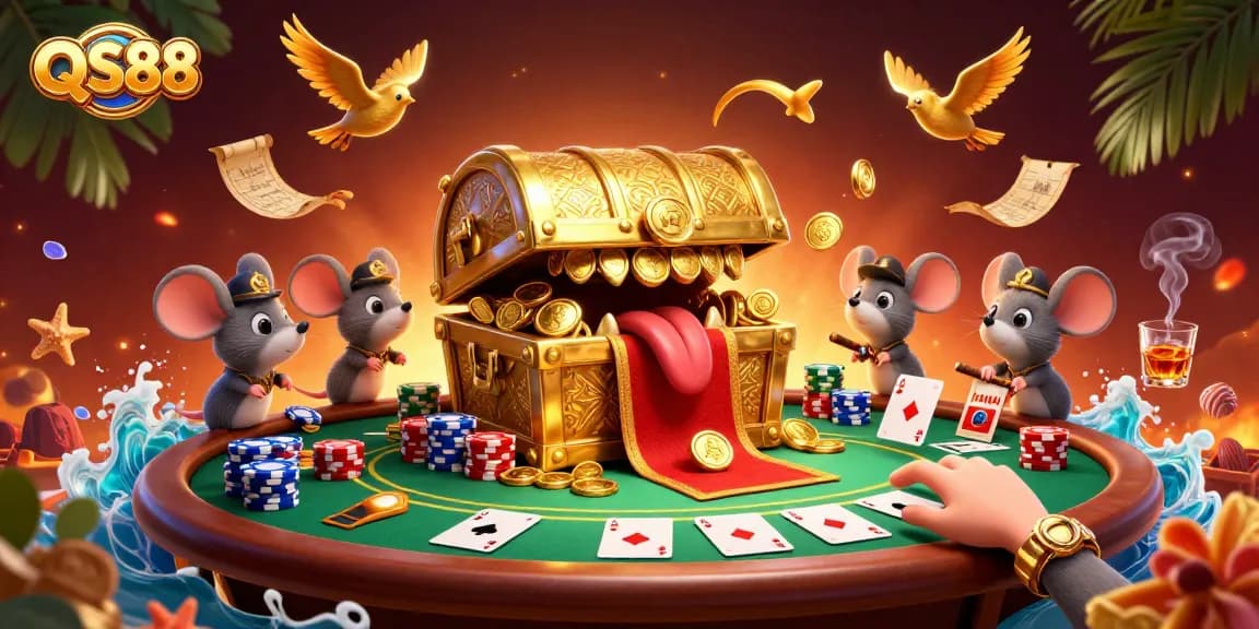 Engage with QS88's thrilling poker scene featuring golden treasure and adventurous mice.