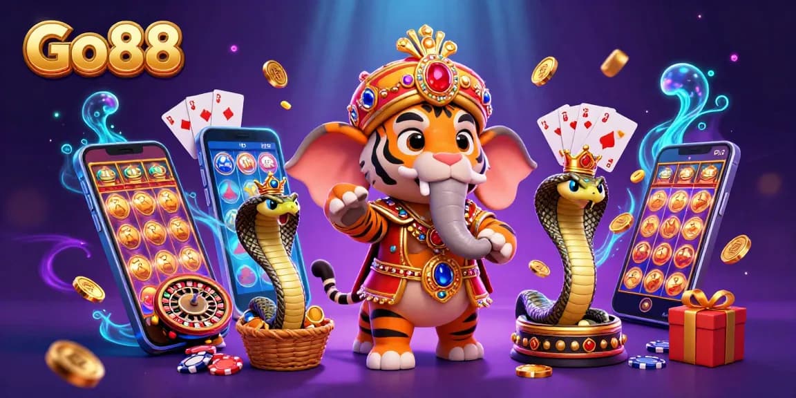 Engage with Go88's vibrant casino world through an enticing 3D scene rich with gaming excitement.
