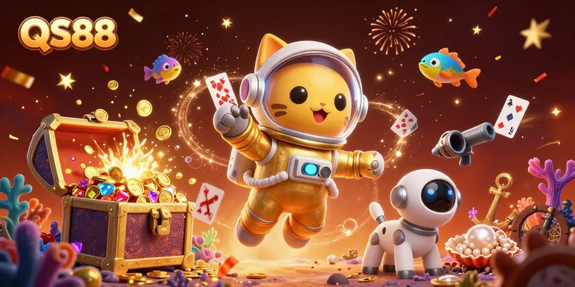 Experience the excitement of QS88 with a lively 3D casino scene filled with vibrant elements and joyful characters.