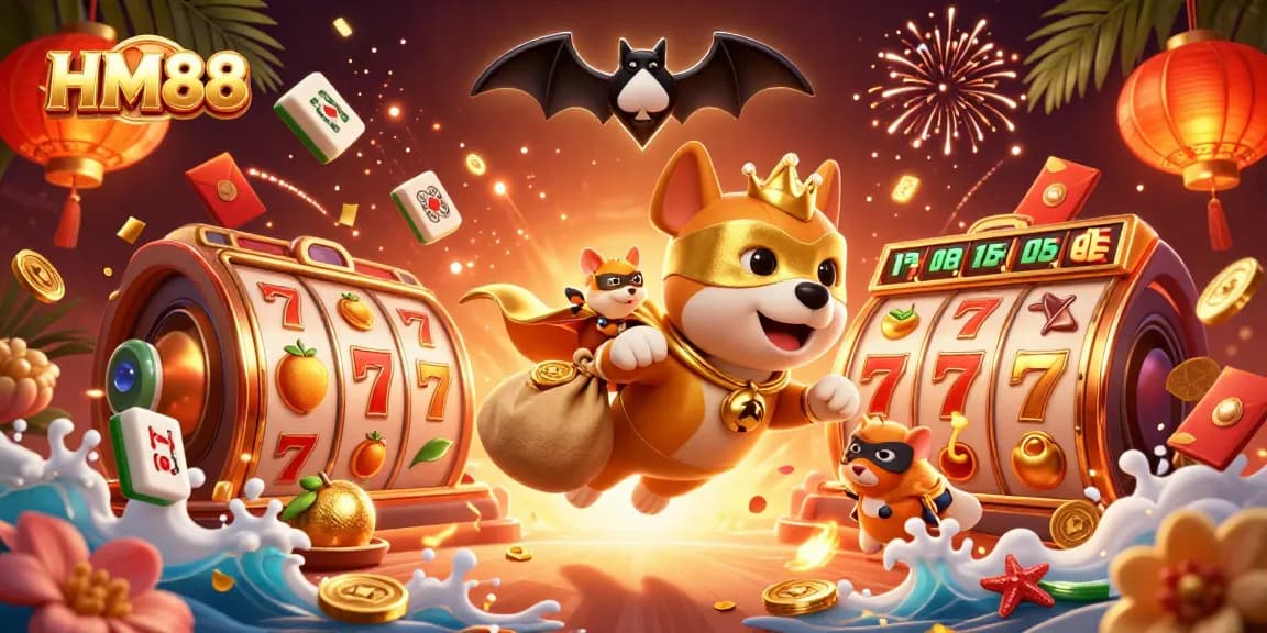 Engage with HM88 by spinning slots while a cartoon superhero dog flies with gold coins, inspiring excitement.