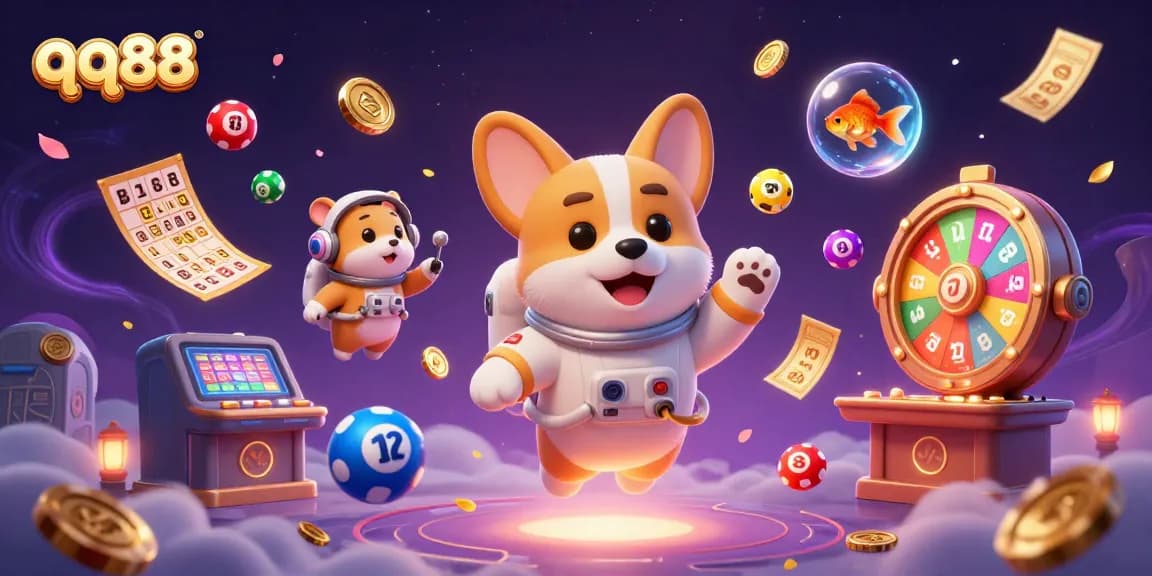 Experience the excitement of qq88 with a space-themed casino illustration featuring games and fun elements.