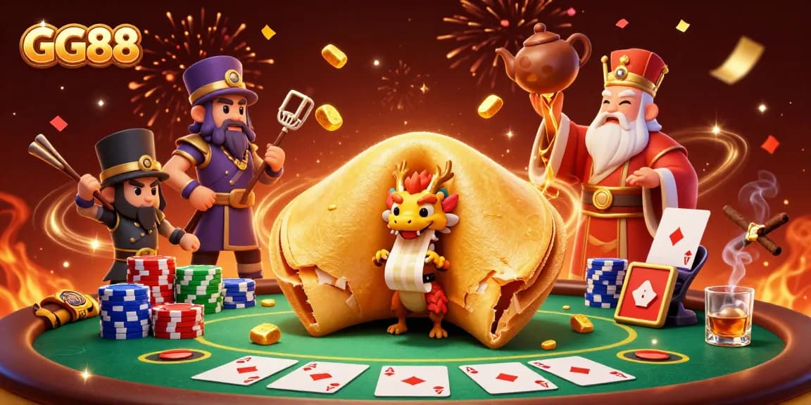 Engage with GG88's vibrant casino ecosystem, showcasing a golden fortune cookie and dynamic gaming elements.
