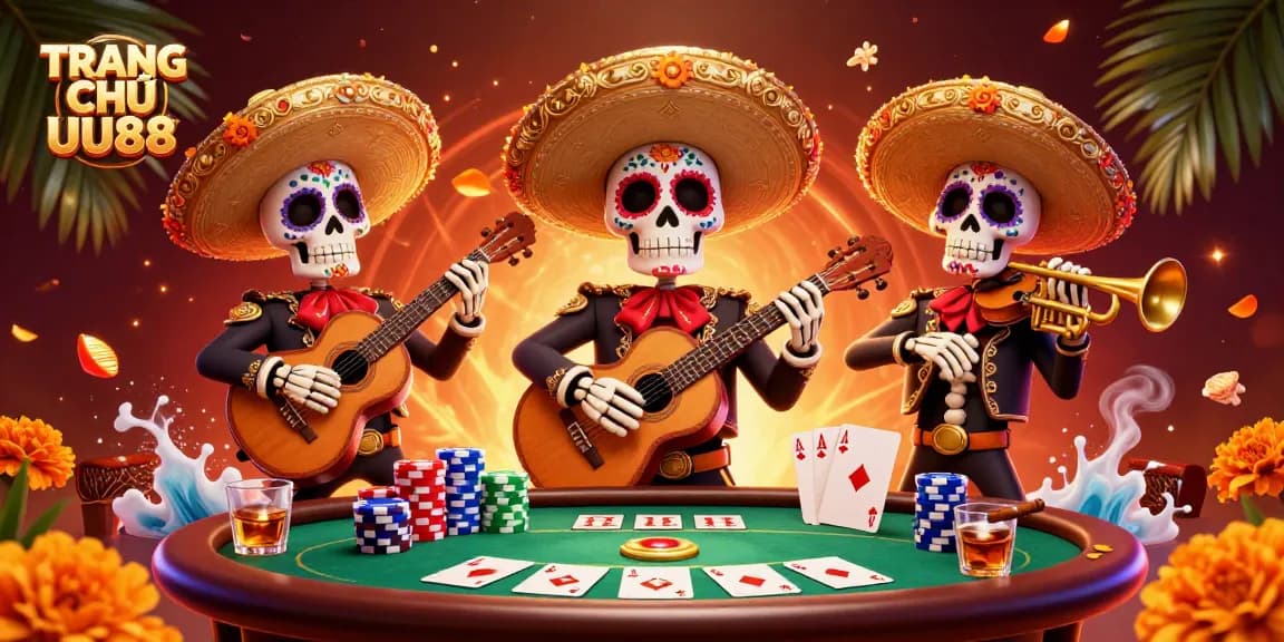 Experience the excitement of TRANG CHỦ UU88 as a vibrant mariachi skeleton band interacts at a lavish casino.