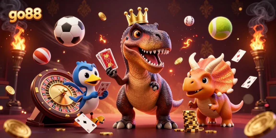 Engage with go88 as an animated T-Rex shuffles cards in a vibrant casino setting, highlighting excitement and fun.