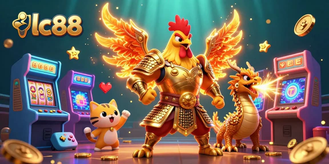 Join the thrilling world of lc88 with a dynamic digital illustration featuring the ultimate rooster warrior and dragon in a casino vibe.