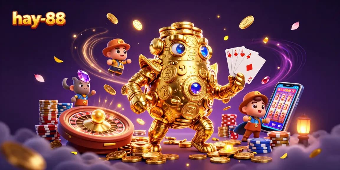 Play and win at hay-88 with exciting slot games featuring golden golems and vibrant casino imagery.
