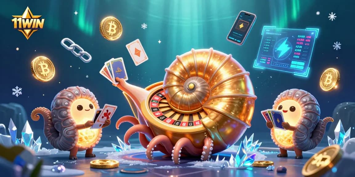 Experience 11WIN's thrilling gameplay with a dynamic 3D illustration featuring vibrant casino elements.