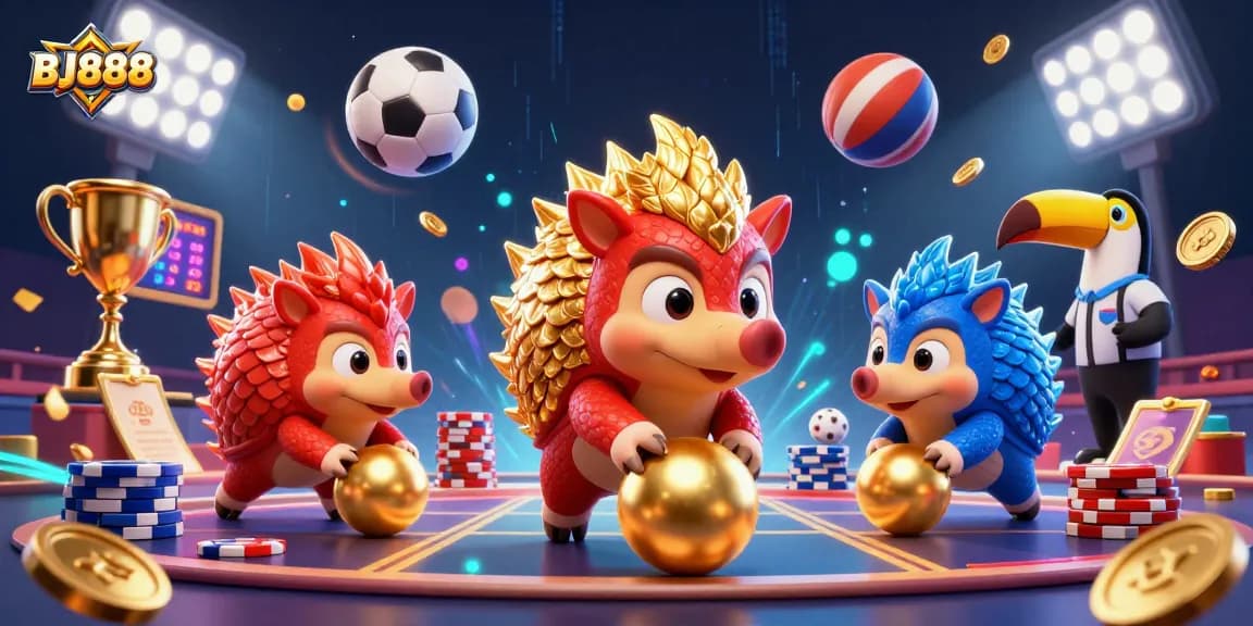 BJ888 showcases a thrilling scene with rival pangolins interacting among vibrant casino elements.