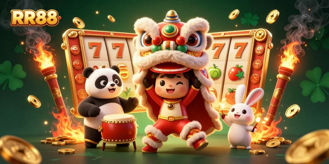 Engage with RR88's vibrant slot games featuring a dynamic lion dance and celebratory elements.