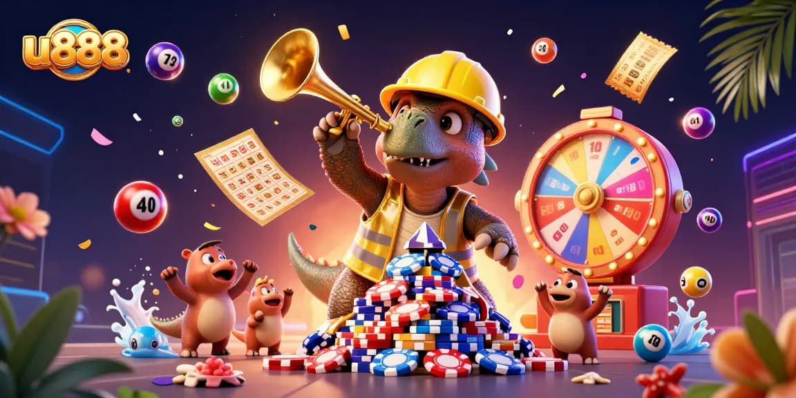 u888 casino scene with a triceratops and parasaurolophus celebrating, surrounded by lottery elements.
