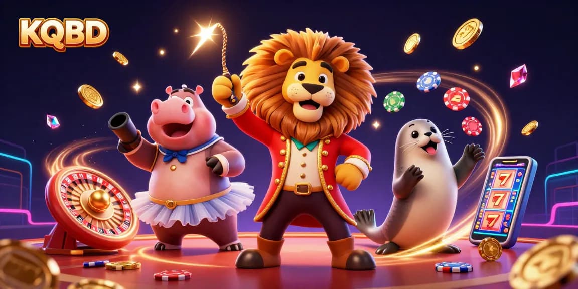 KQBD showcases a vibrant illustration of a 3D cartoon circus with magical elements intertwining in a casino theme.