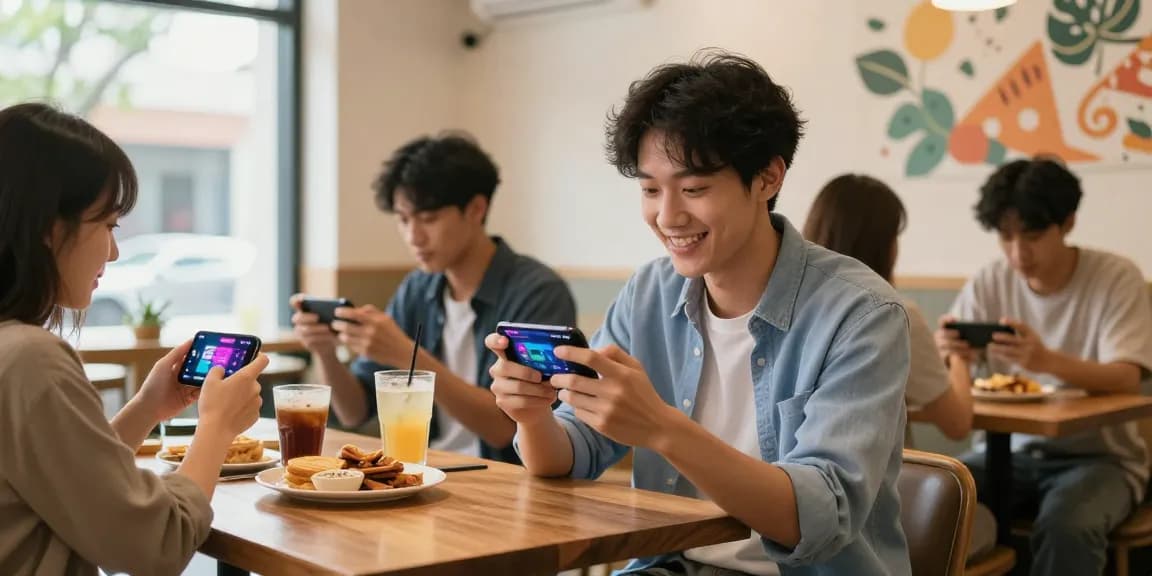 Person enjoying the Xoso66 mobile app in a vibrant coffee shop, showcasing mobile gaming joyfully.