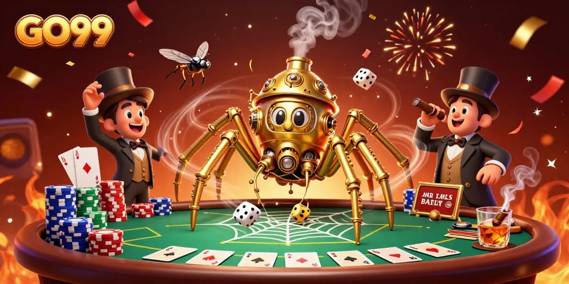 Catch the excitement at GO99 with 3D golden spider and poker scene, illustrating high-stake bets.