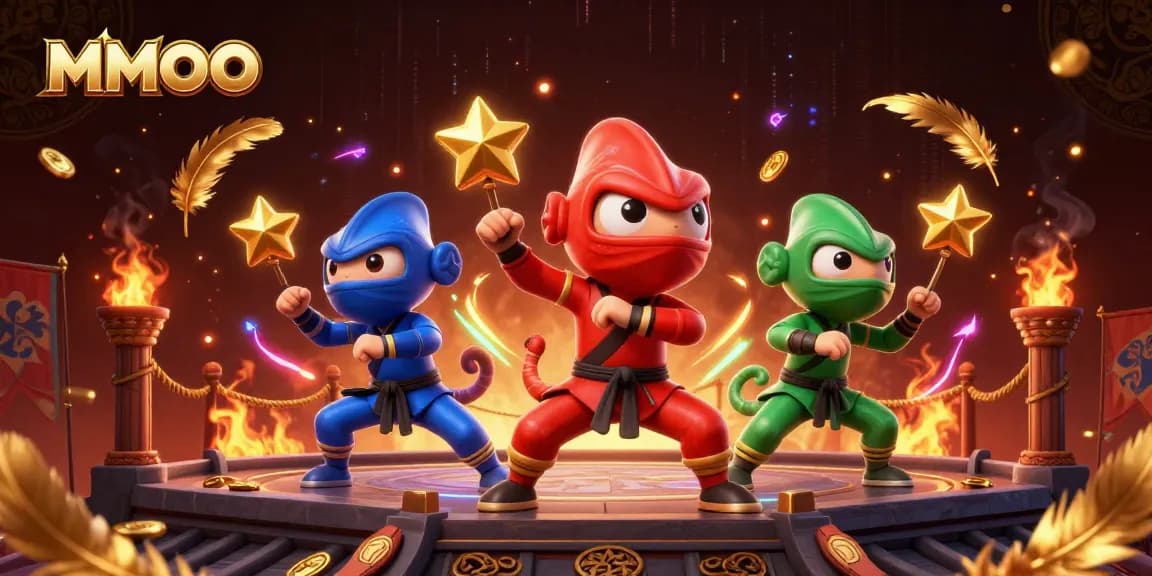 MMOO chameleon team battles in a vibrant casino rooftop scene showcasing gold coins and atmospheric effects.