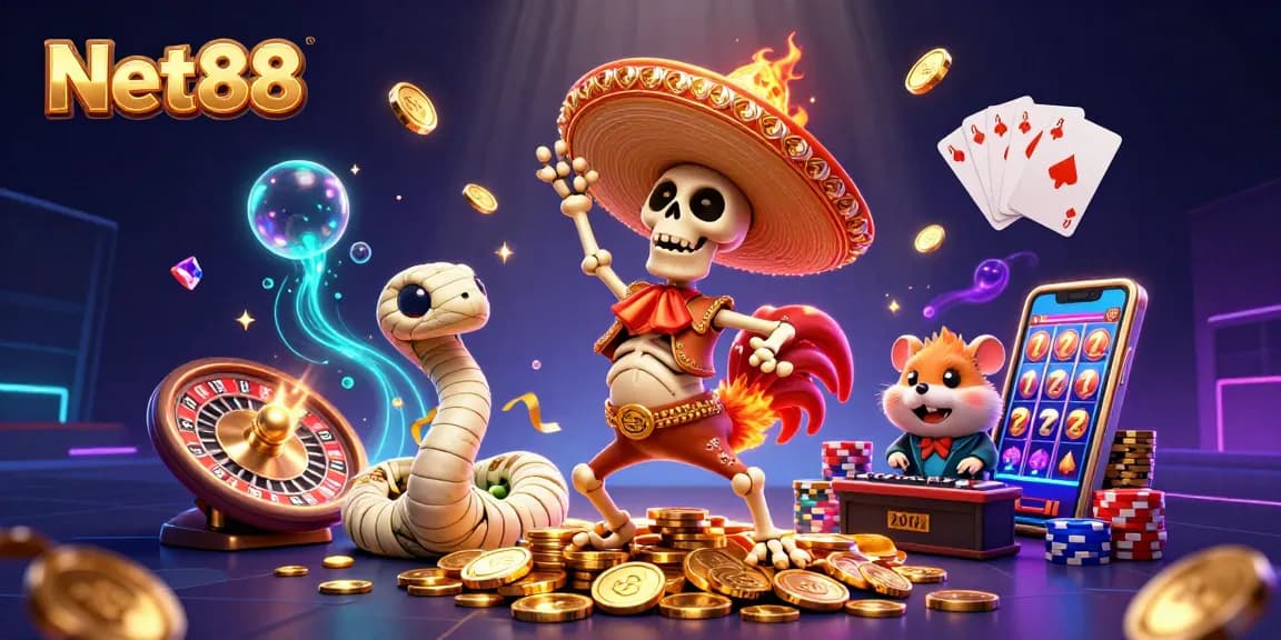 Experience thrilling moments with Net88's dynamic casino scene featuring vibrant characters and iconic gambling elements.