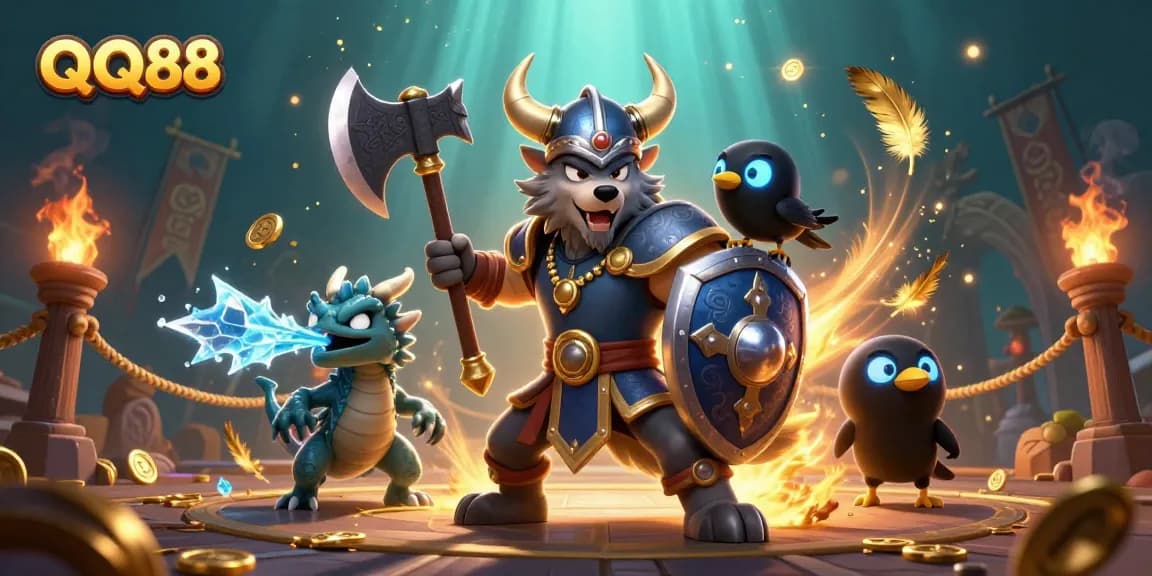 Experience thrilling gaming action at QQ88 with a dynamic 3D casino illustration featuring a Viking wolf warrior, a fierce dragon, and more.