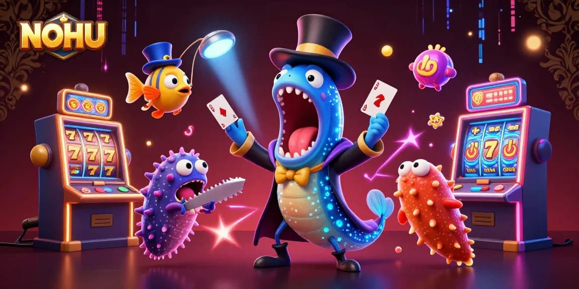 Experience the magic of NOHU with a dynamic 3D casino illustration featuring unique characters.