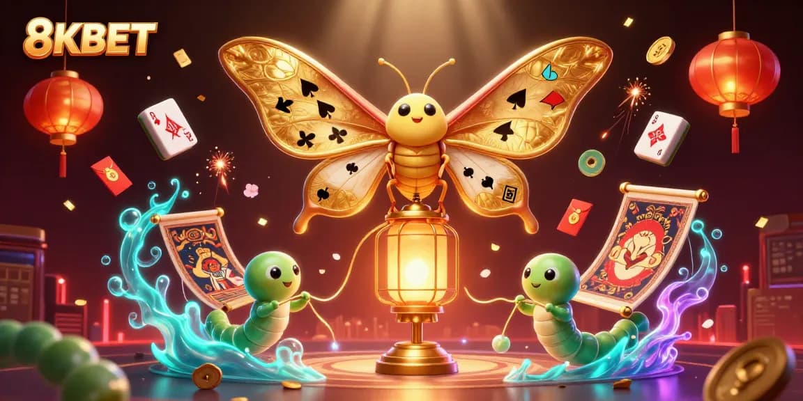 Engage with the vibrant 8KBET scene of a majestic moth and casino-themed decorations.