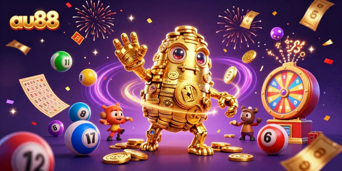 Play at au88 with a vibrant 3D casino illustration featuring dynamic games and golden elements.