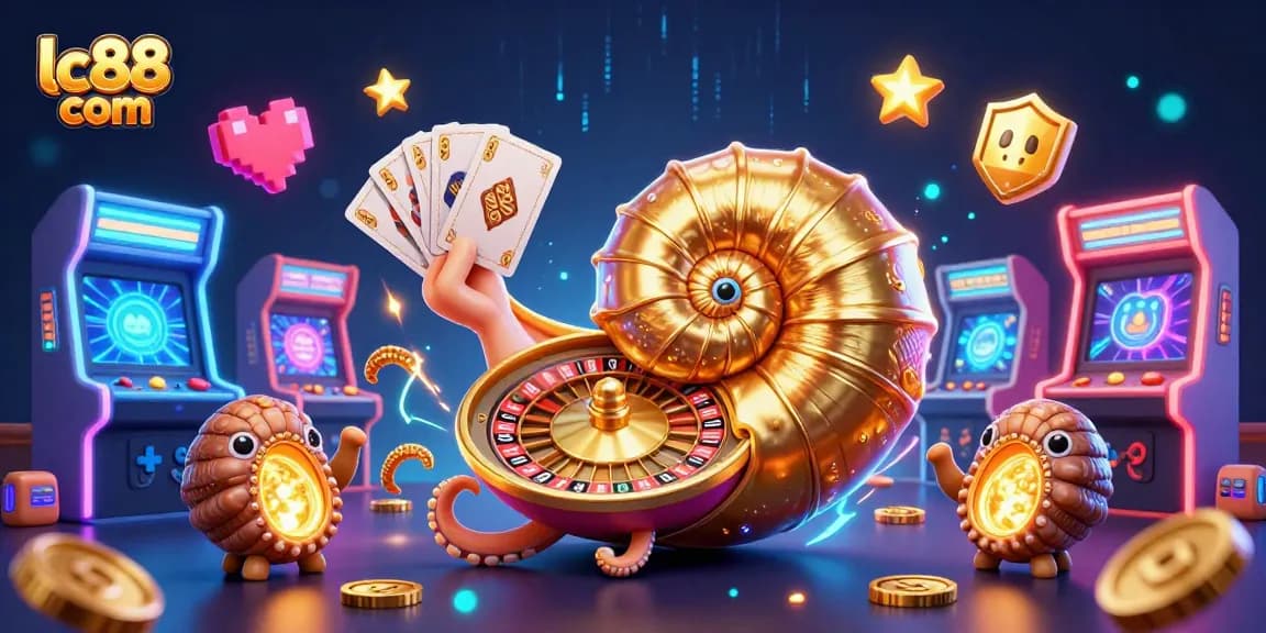Experience thrilling gameplay at lc88 com with a vibrant, 3D-casino-inspired digital illustration showcasing exciting gaming elements.
