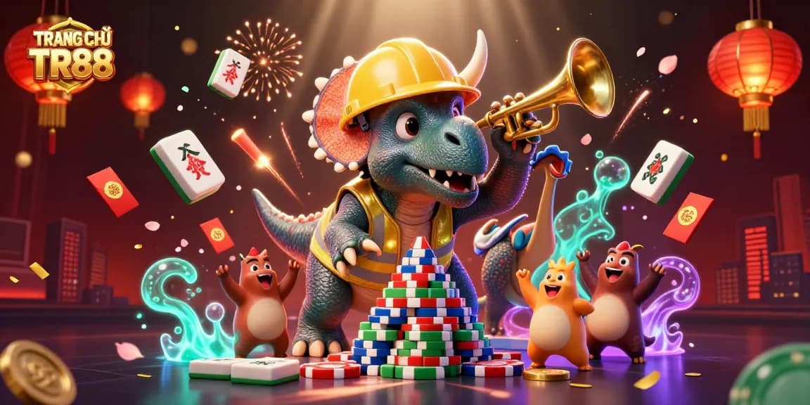 Engage with TRANG CHỦ TR88 through a vibrant casino scene featuring fun characters and exciting gambling elements.