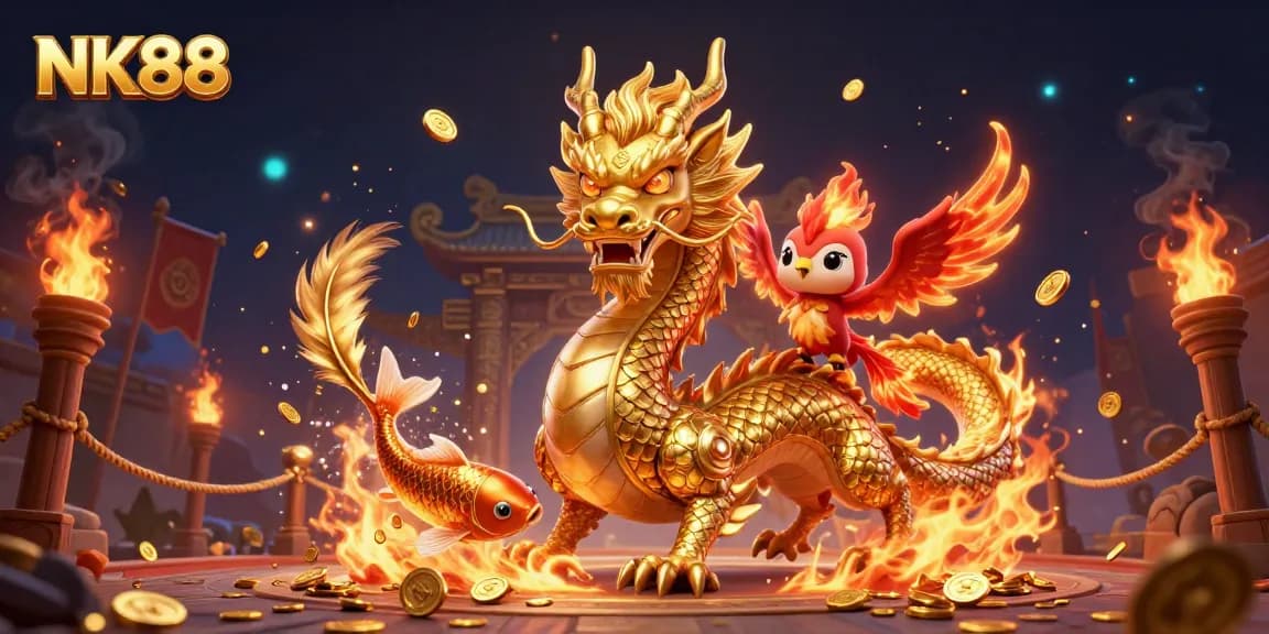 Engage in dynamic gameplay at NK88 with a fierce dragon and phoenix illustration featuring vibrant casino-themed elements.