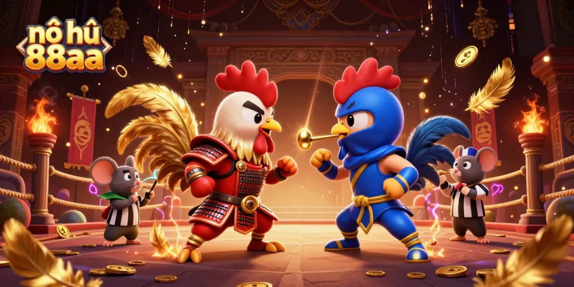 Nổ hũ 88aa captures thrilling jackpot moments with dynamic action in a 3D scene displaying fighting roosters, gaming elements, and golden rewards.