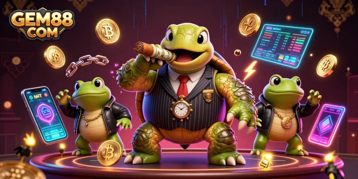 Experience GEM88 COM with a thrilling online casino scene featuring unique characters and crypto elements.