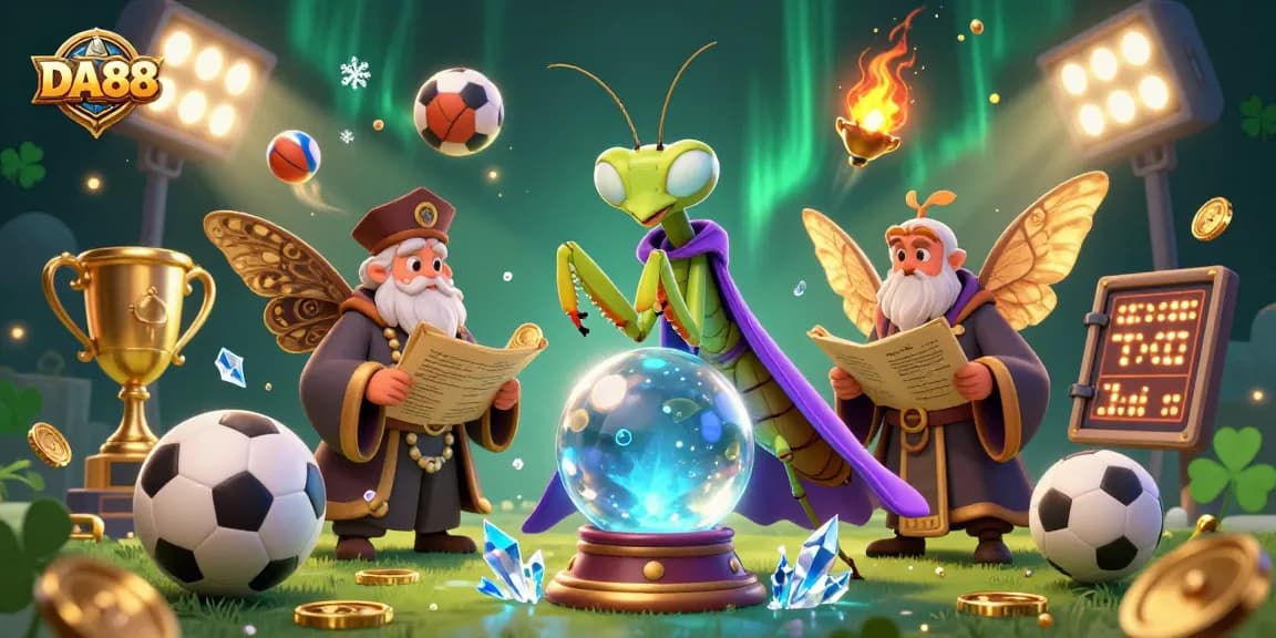 Engage with DA88's energetic casino illustration featuring dynamic sports elements and magical characters.