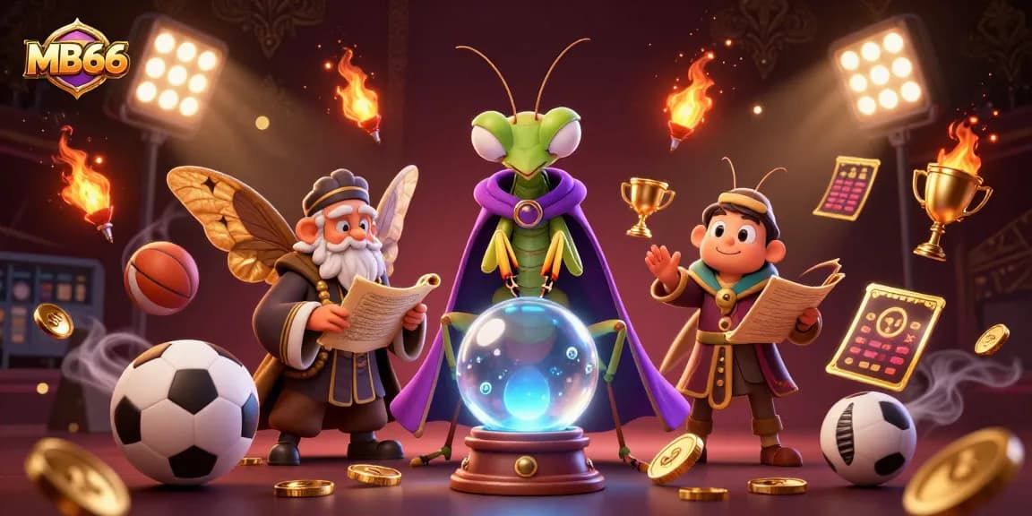 Experience the mystique of MB66 with a colorful 3D casino scene featuring a fortune teller and sports elements.