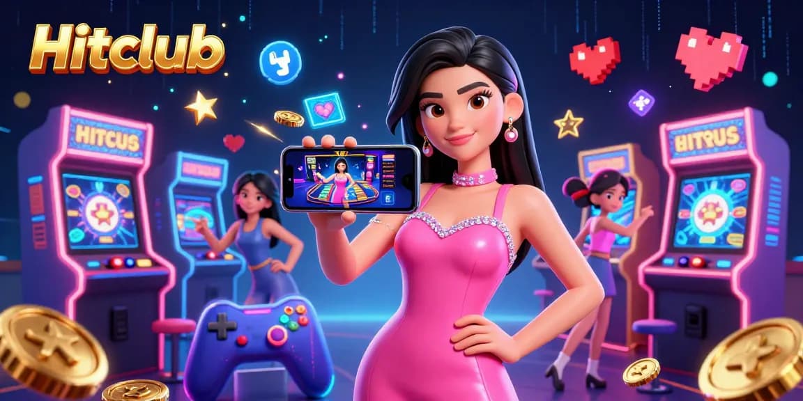 Hitclub showcases a live dealer game on a smartphone held by a stylish Asian woman in a vibrant casino atmosphere.