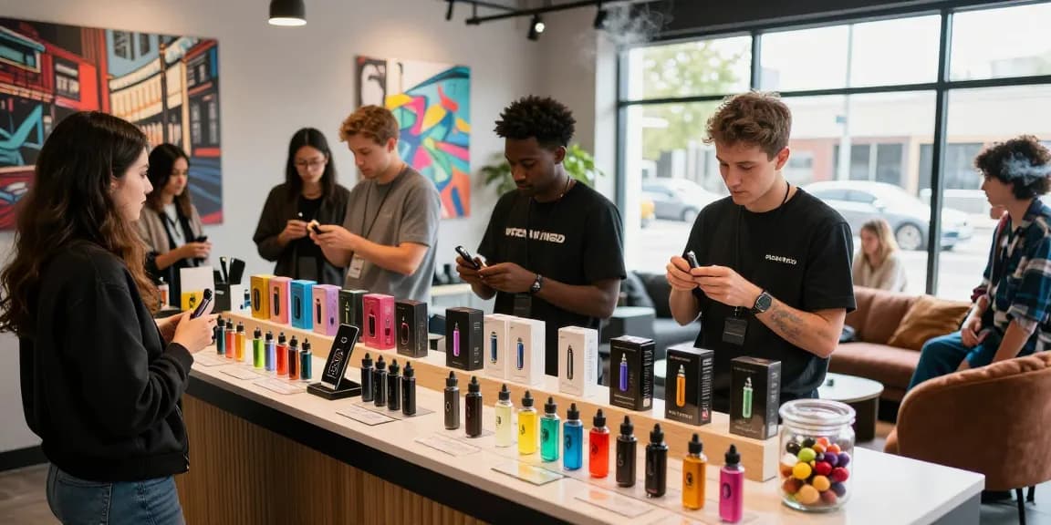 Customers exploring top disposable vapes in USA at a vibrant vape shop