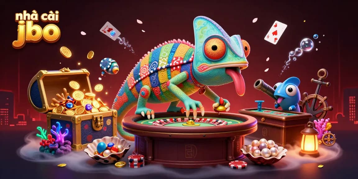 Experience the vibrant world of nhà cái jbo with a colorful chameleon casino owner and dynamic gaming elements in 3D.