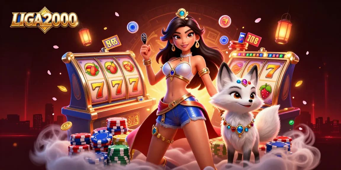 Pengalaman permainan slot LIGA2000 dengan karakter glamor dan simbol cerah, merayakan peluang kemenangan