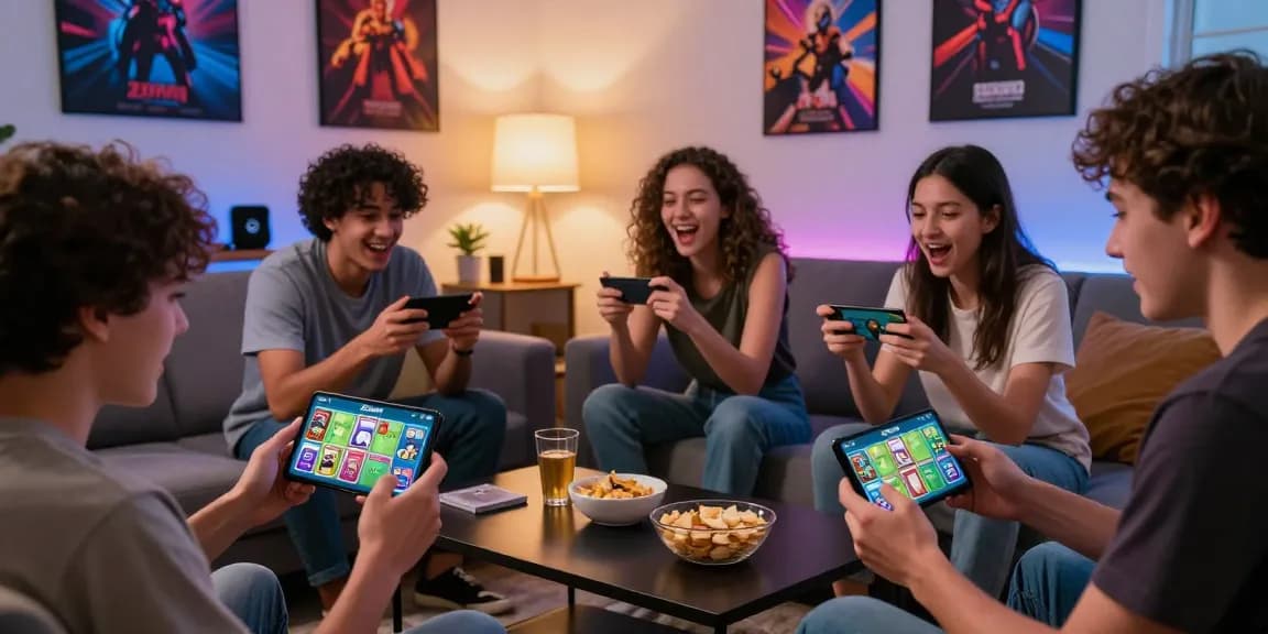 Friends excitedly playing Zowin online games, showcasing the app and vibrant gameplay