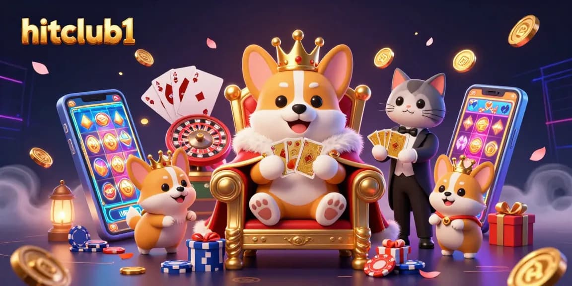 Experience hits and jackpots at hitclub1, featuring a royal corgi on poker chips among popular slot games and vibrant casino elements.