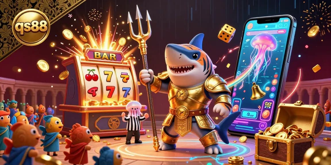 Engage with qs88's thrilling casino vibes, surrounded by jackpot explosions and vibrant characters.
