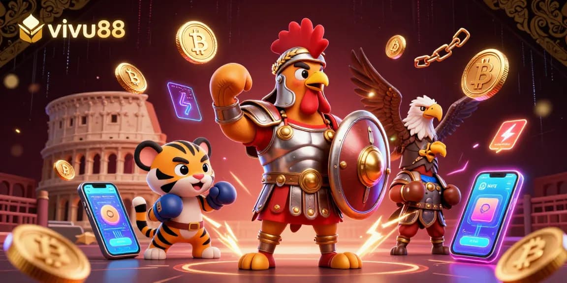 Experience the thrilling world of vivu88 with a vibrant 3D scene featuring a gladiator rooster and crypto elements.