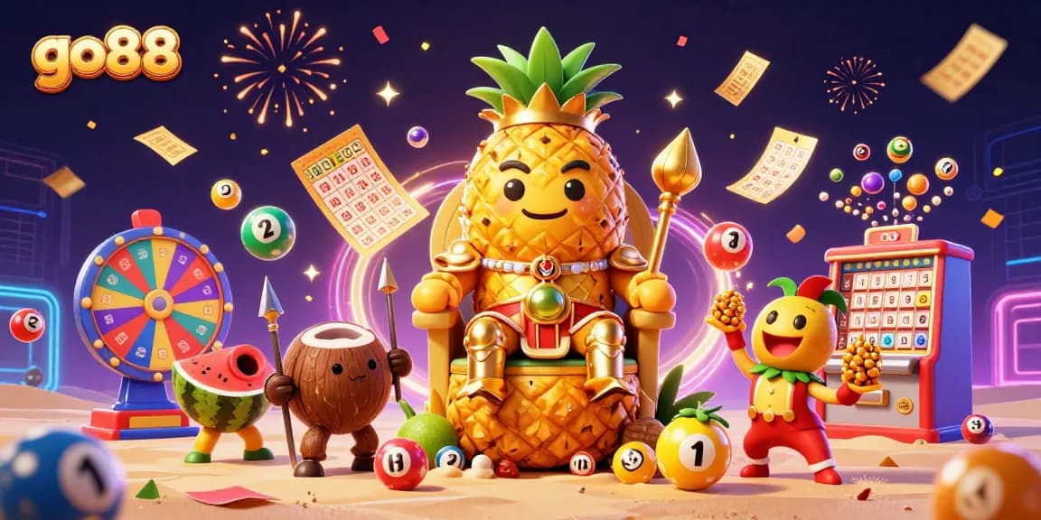 Go88's dynamic casino scene captures excitement with colorful lottery balls, golden tokens, and festive effects.