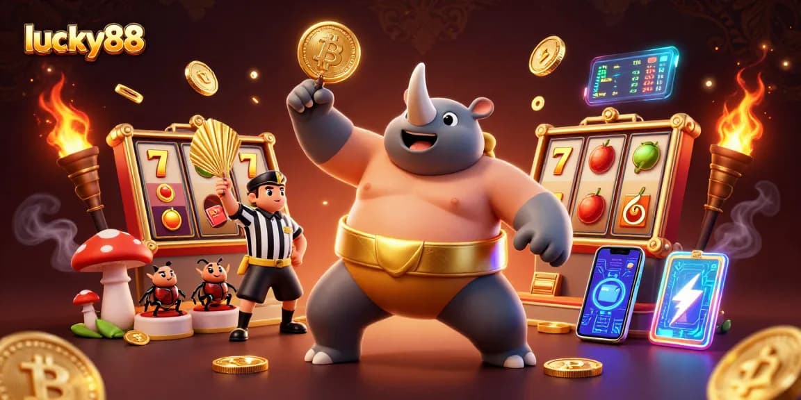 Experience winning moments at lucky88 with a vibrant 3D casino scene filled with slots and jackpots.