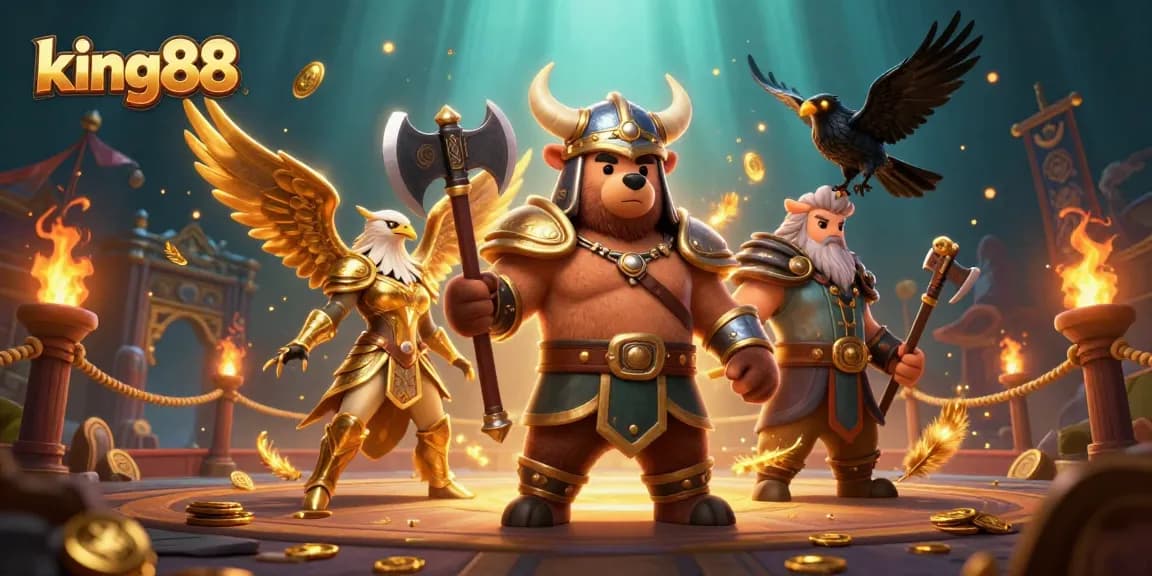 Engage with king88's exciting online gaming scene featuring vibrant casino elements and dynamic characters.