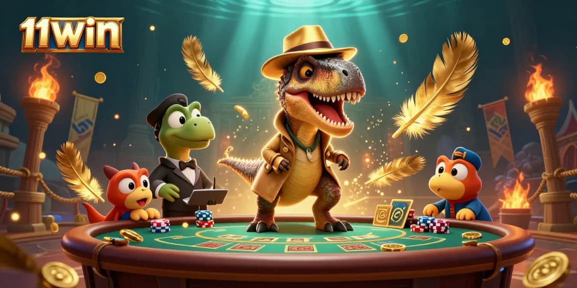 Experience 11WIN at an exciting casino scene with a clever velociraptor card counter and bustling action.