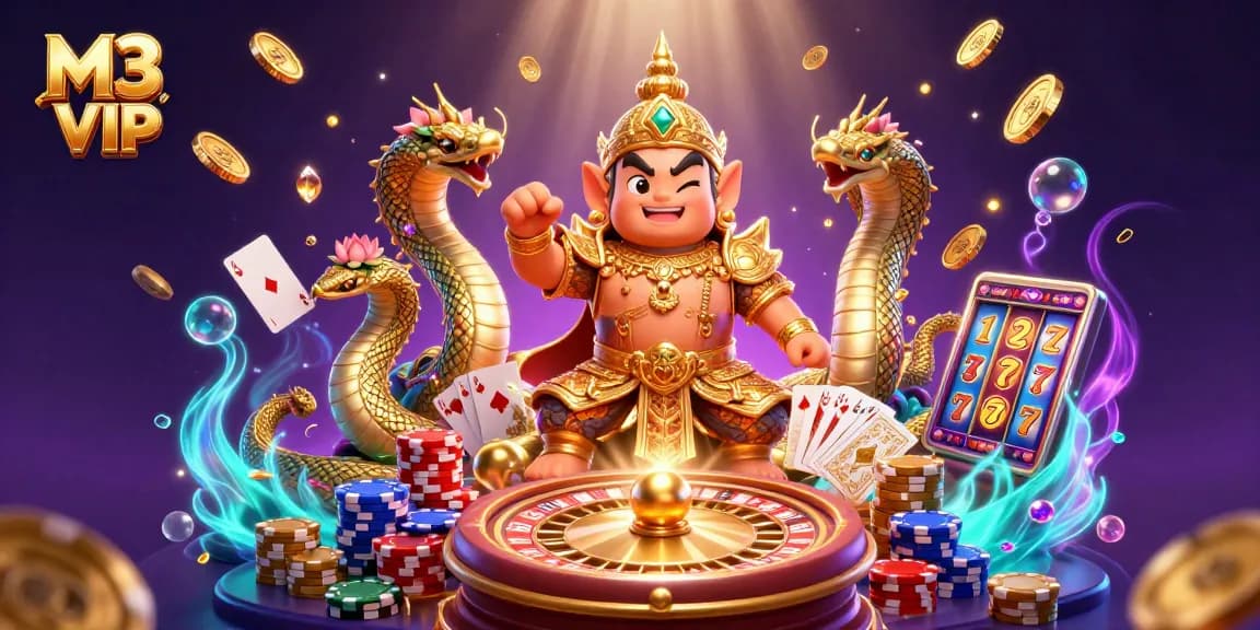 M3 VIP showcases vibrant 3D illustration of a Thai guardian, Naga serpents, and casino games, emphasizing thrilling entertainment.