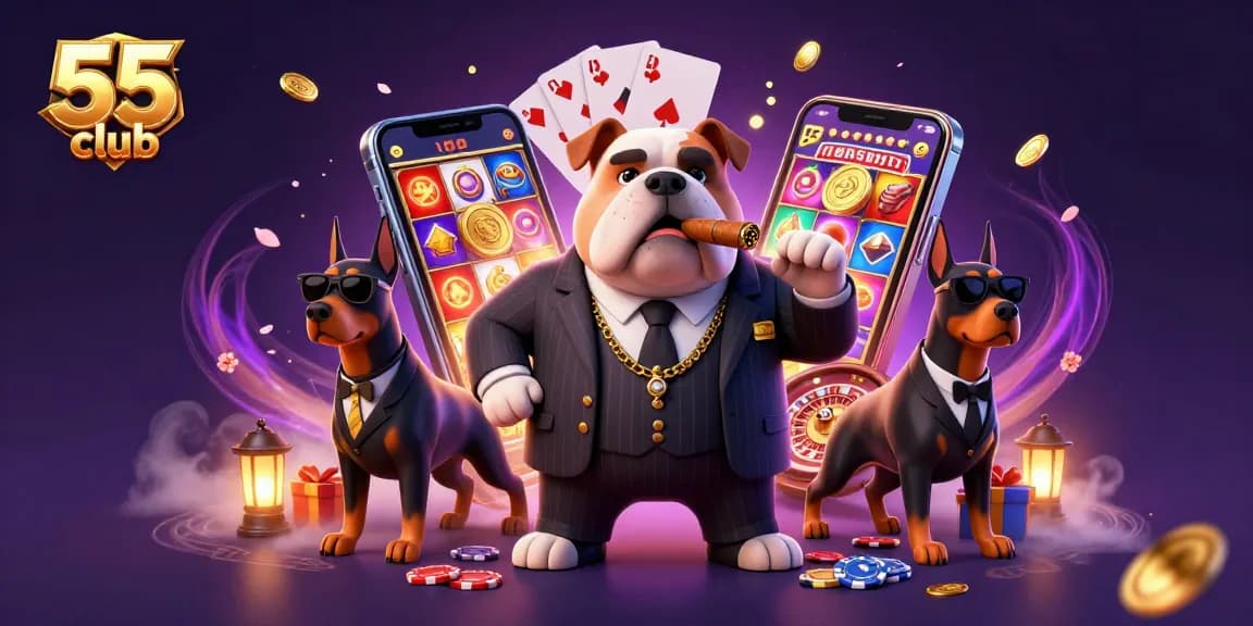 Engage in thrilling gameplay at 55 club, featuring cartoon mafia characters amid vibrant casino elements.