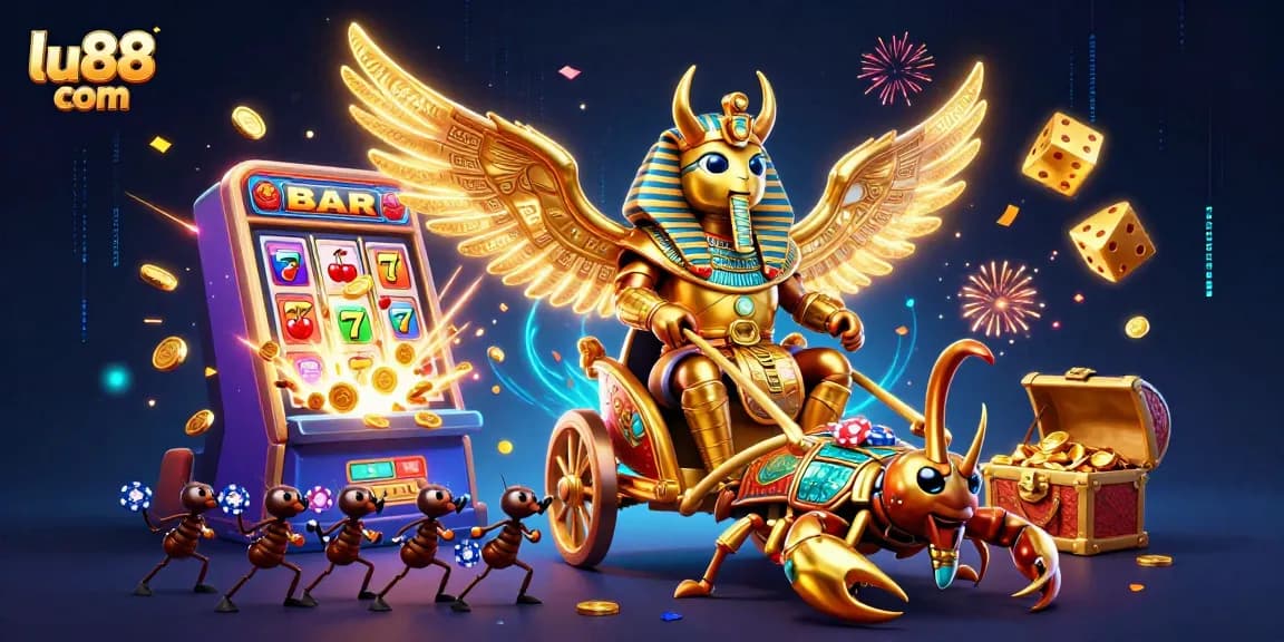 Experience the thrilling action at lu88 com with a vibrant jackpot scene featuring a massive slot machine and colorful casino elements.